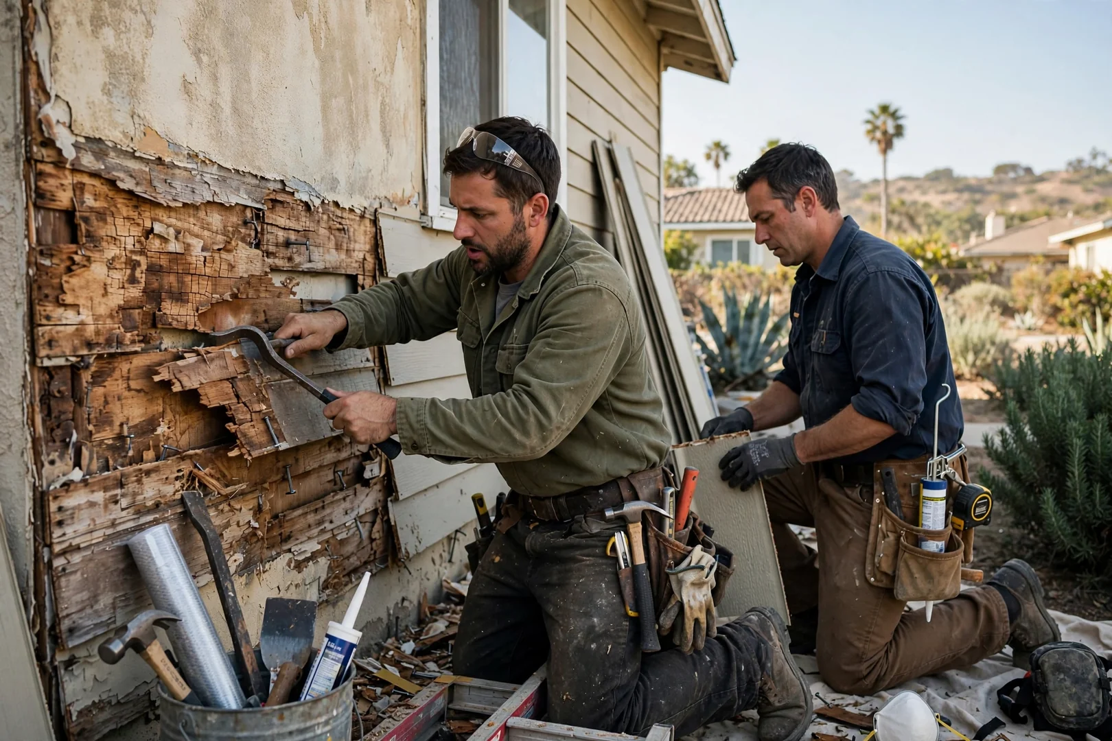 Siding crew loading fiber cement planks off a work truck at a Carlsbad home