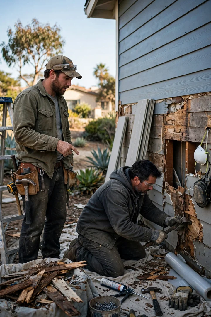 Restored fiber cement siding installation with fresh flashing and tight caulk joints on a Carlsbad house wall