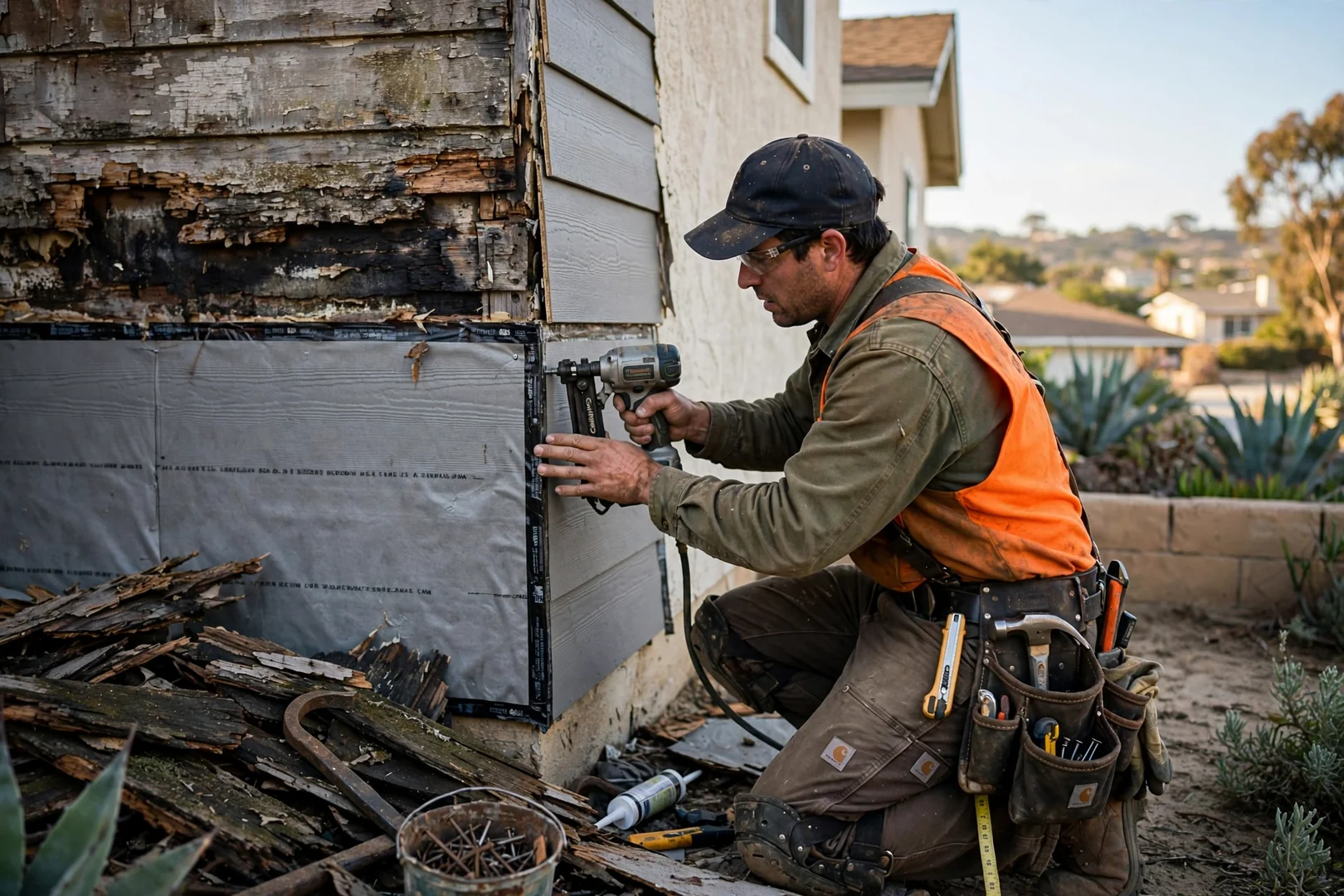 Weathered vinyl siding panels showing chalking and cracking on a coastal Carlsbad home exterior