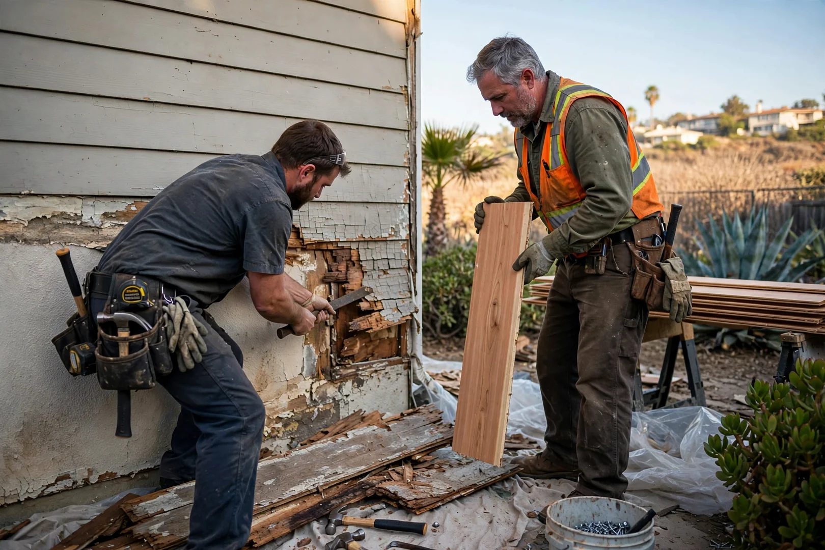 Crew removing rotted siding panels from a coastal Carlsbad home to expose damaged sheathing