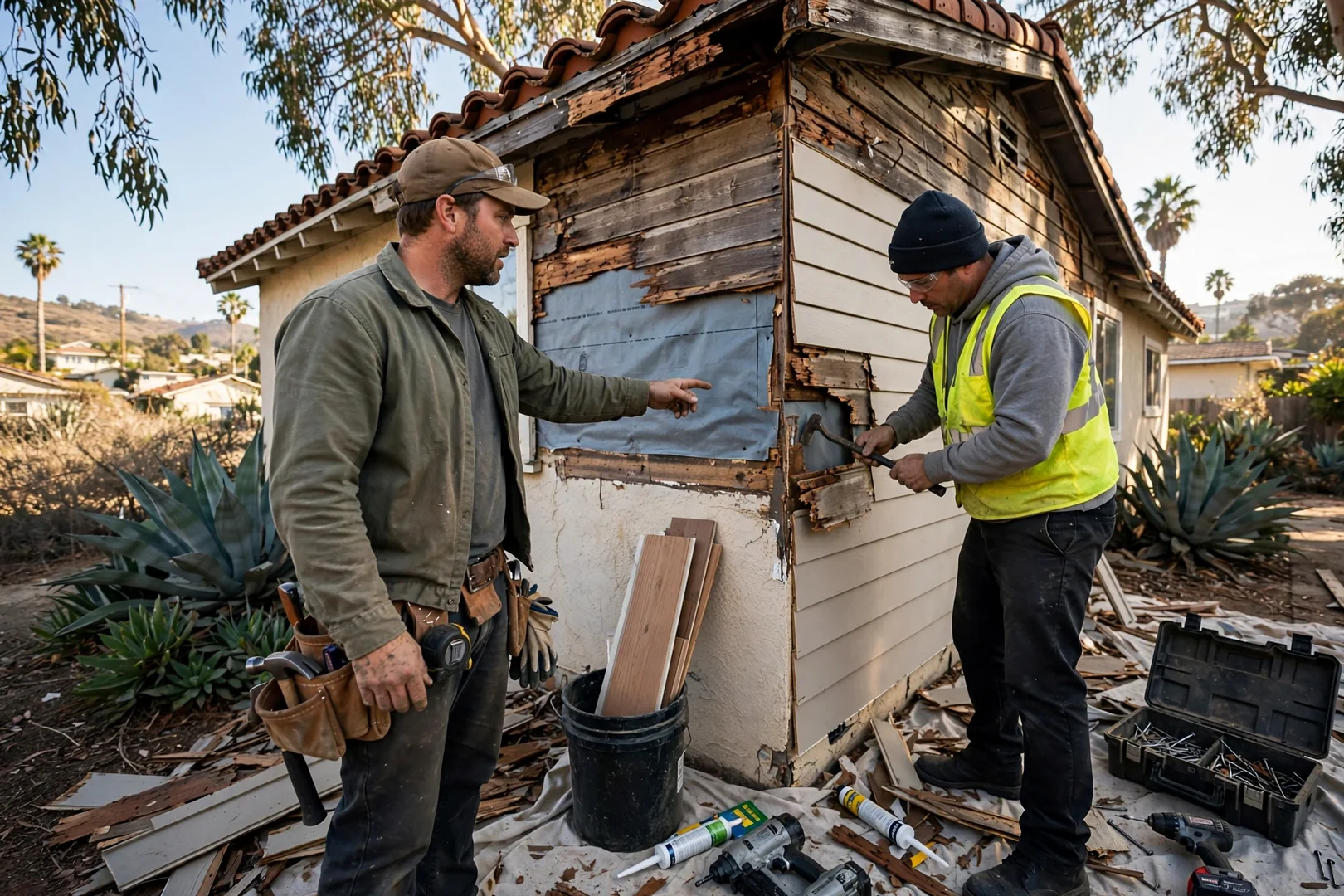 Contractor measuring damaged wall panels during a siding repair assessment on a Carlsbad home