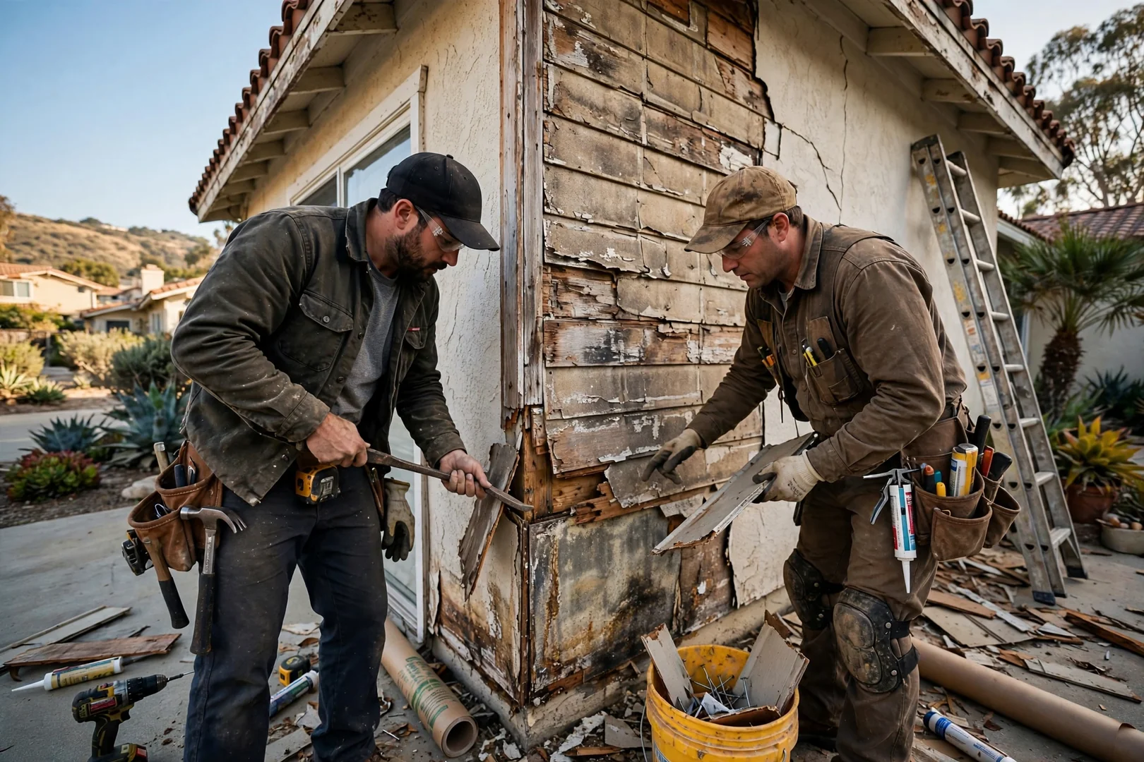 Siding repair crew replacing damaged panels on a Carlsbad home exterior wall