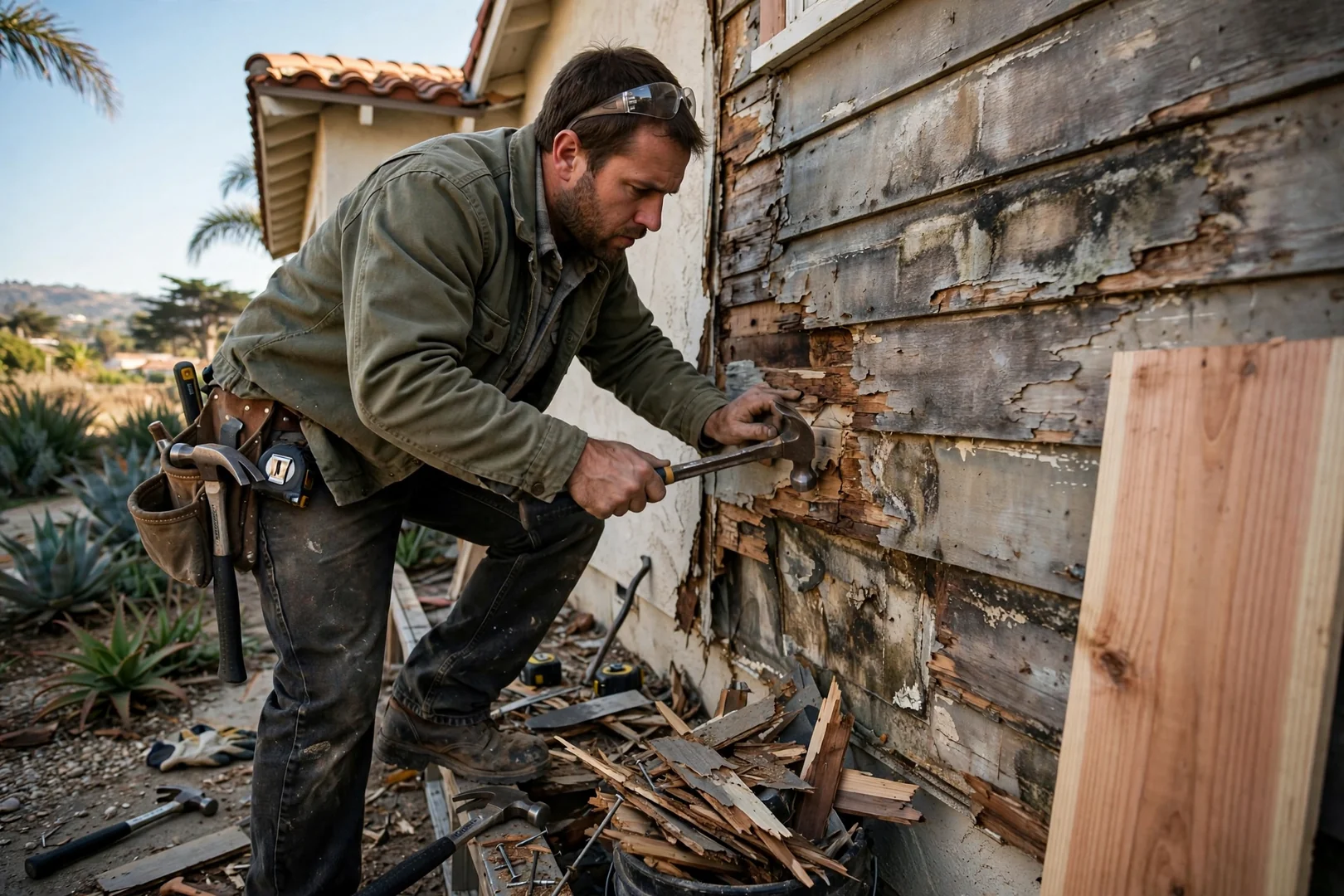 Siding contractor replacing damaged fiber cement panels on a Carlsbad home exterior wall