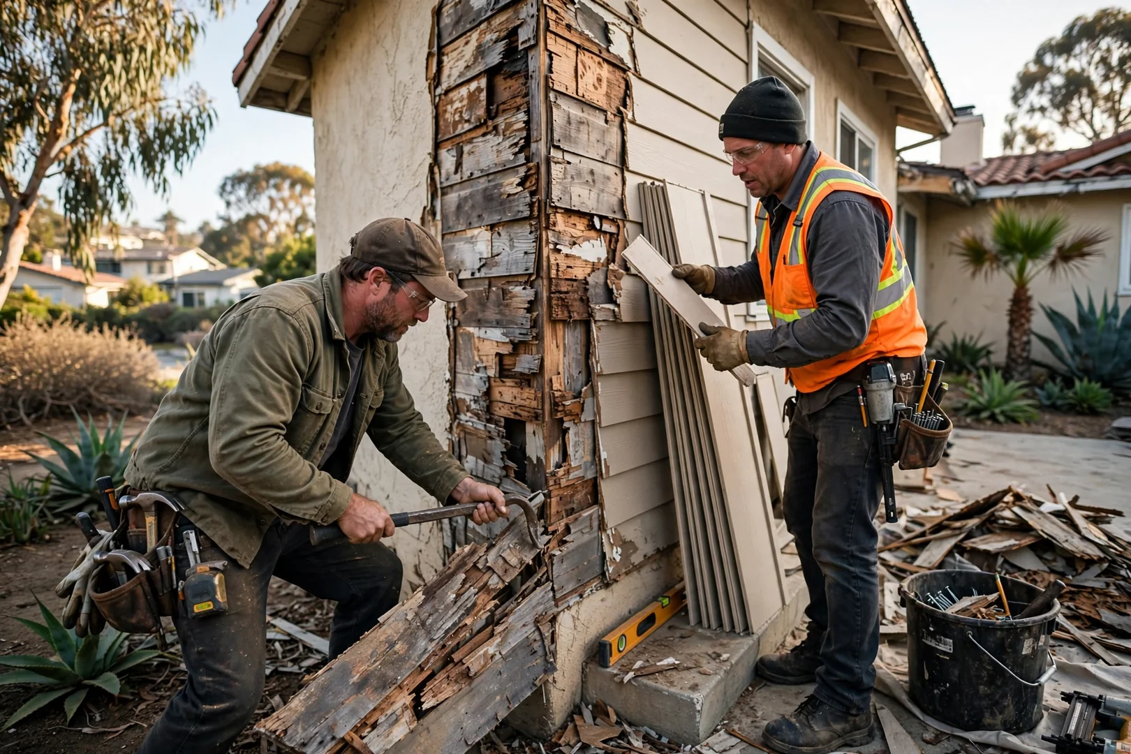 Crew replacing damaged siding courses on a Carlsbad home