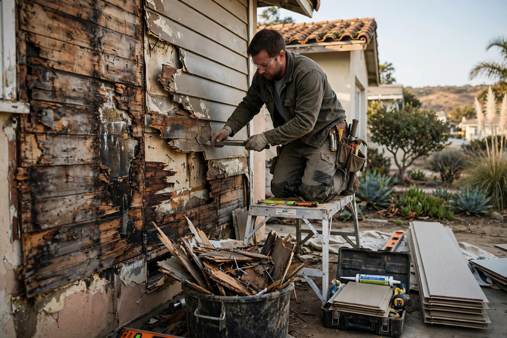 Contractor measuring a home exterior wall while estimating vinyl siding installation costs in Carlsbad